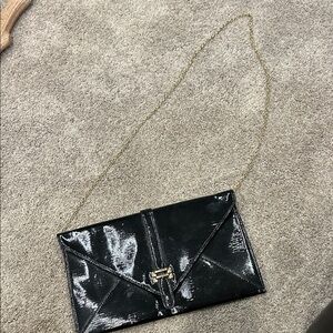 MMS Glossy Black Envelope Clutch with Gold Chain